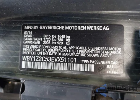 2014 BMW I3 z USA, uszkodzony, nr VIN WBY1Z2C53EVX51101